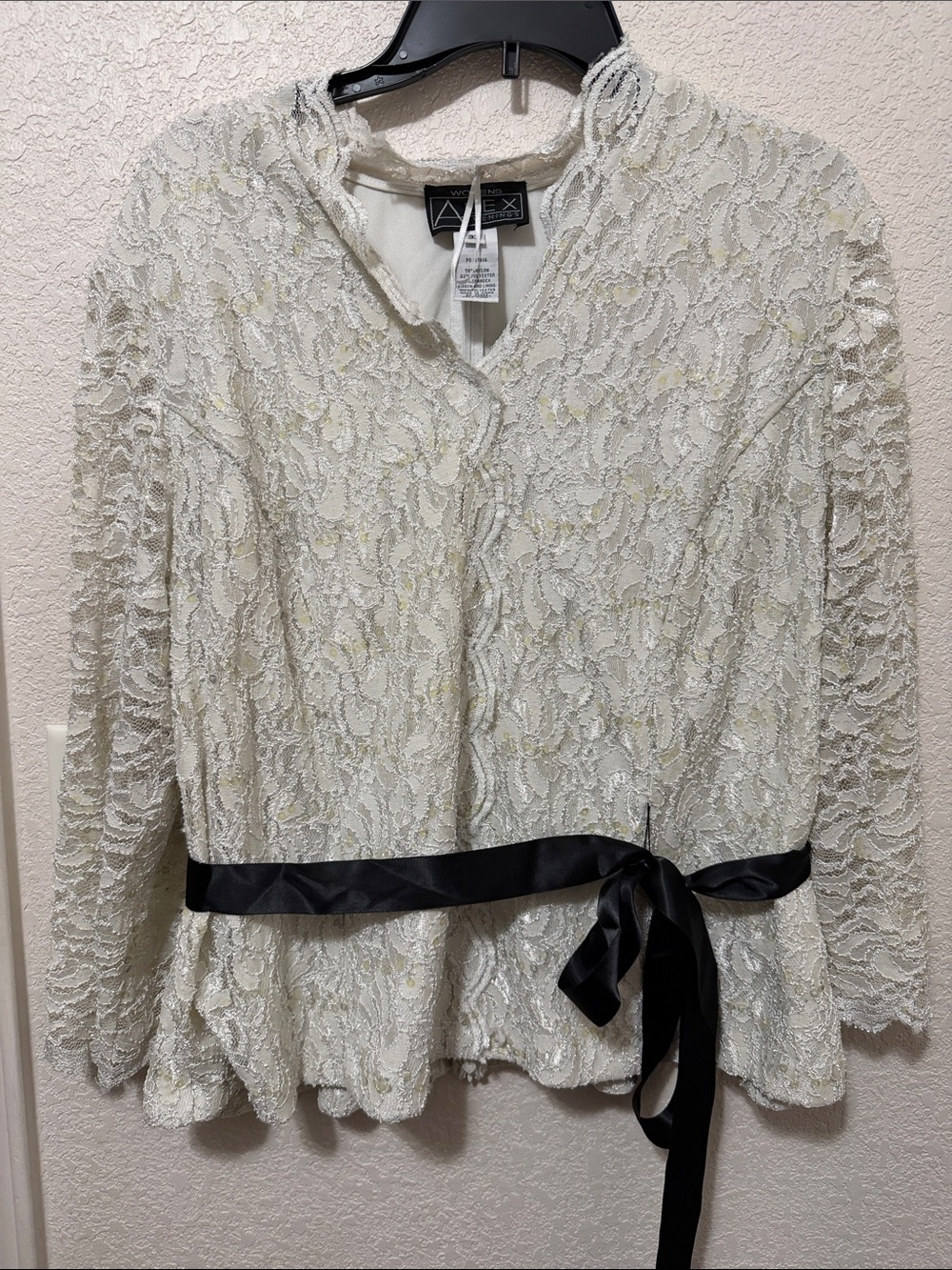 Alex Evenings Ivory Lace Jacket with Black Satin Waist Tie